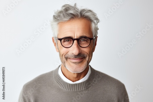 Medium shot portrait photography of a French man in his 60s against a white background © Anne Schaum