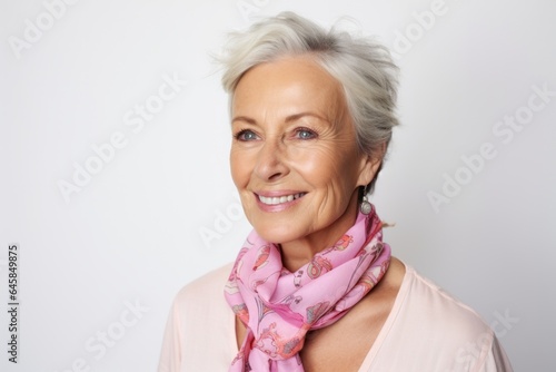 Portrait photography of a French woman in her 60s wearing a foulard against a white background