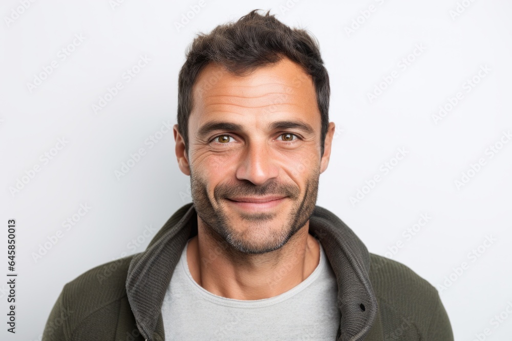 Portrait photography of a serious Colombian man in his 30s against a white background Portrait photography of a serious Colombian man in his 30s against a white background