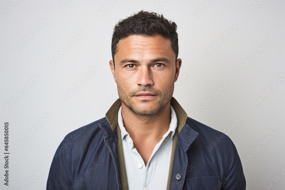 Portrait photography of a serious Colombian man in his 30s against a white background Portrait photography of a serious Colombian man in his 30s against a white background