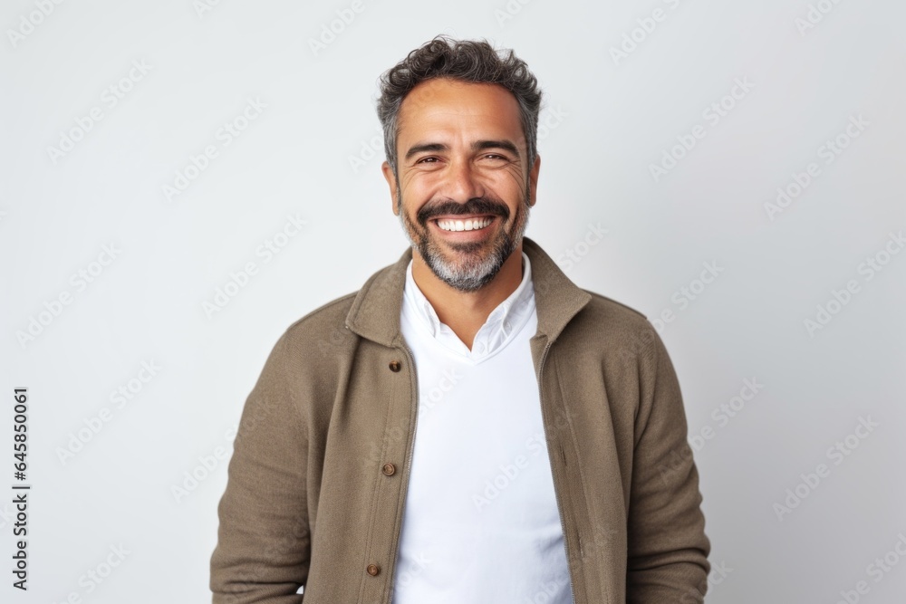 Medium shot portrait photography of a Colombian man in his 40s against a white background Medium shot portrait photography of a Colombian man in his 40s against a white background