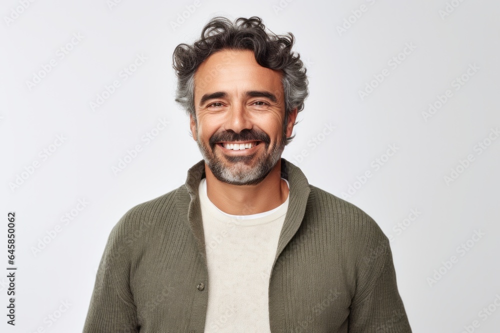 Medium shot portrait photography of a Colombian man in his 40s against a white background Medium shot portrait photography of a Colombian man in his 40s against a white background