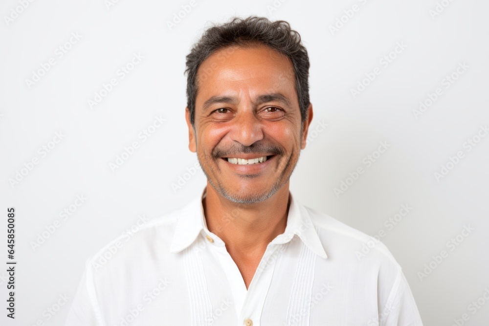 Portrait photography of a Colombian man in his 40s wearing a simple tunic against a white background Portrait photography of a Colombian man in his 40s wearing a simple tunic against a white background