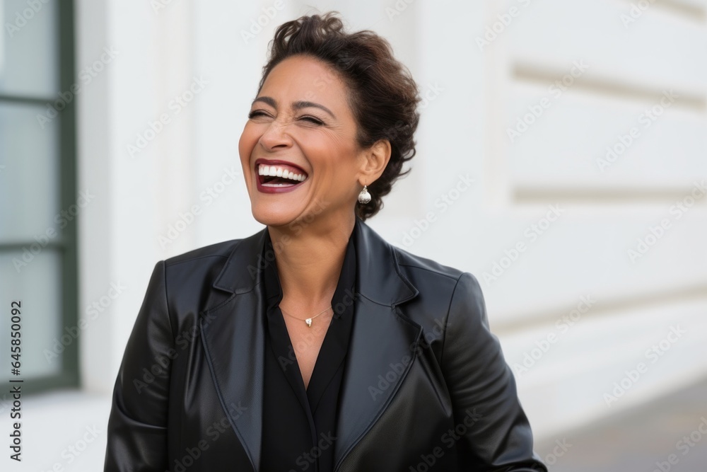 Medium shot portrait photography of a Colombian woman in her 50s wearing a sleek suit against a white background Medium shot portrait photography of a Colombian woman in her 50s wearing a sleek suit against a white background