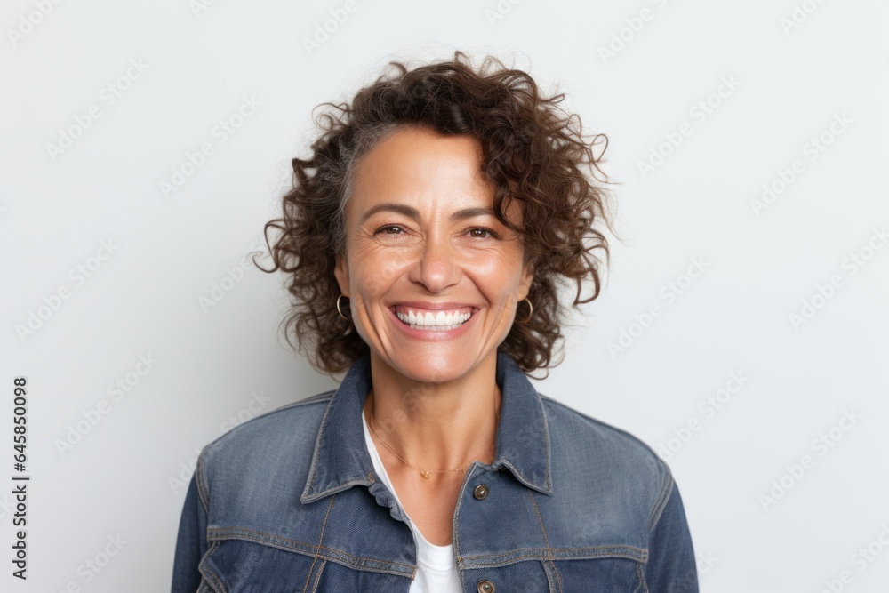 Portrait photography of a Colombian woman in her 50s wearing a denim jacket against a white background Portrait photography of a Colombian woman in her 50s wearing a denim jacket against a white background