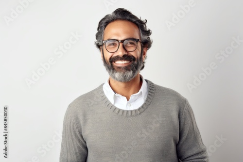 Medium shot portrait photography of a Colombian man in his 40s against a white background