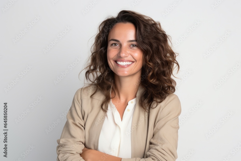 Portrait photography of a cheerful Italian woman in her 30s against a white background Portrait photography of a cheerful Italian woman in her 30s against a white background