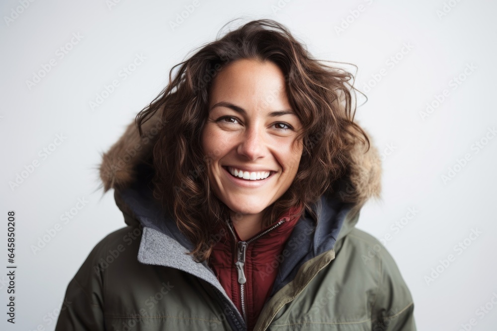 Lifestyle portrait photography of a Italian woman in her 30s wearing a warm parka against a white background Lifestyle portrait photography of a Italian woman in her 30s wearing a warm parka against a white background