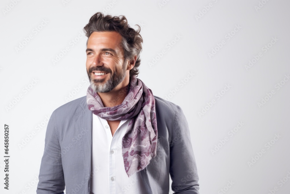 Lifestyle portrait photography of a Italian man in his 30s wearing a foulard against a white background Lifestyle portrait photography of a Italian man in his 30s wearing a foulard against a white background