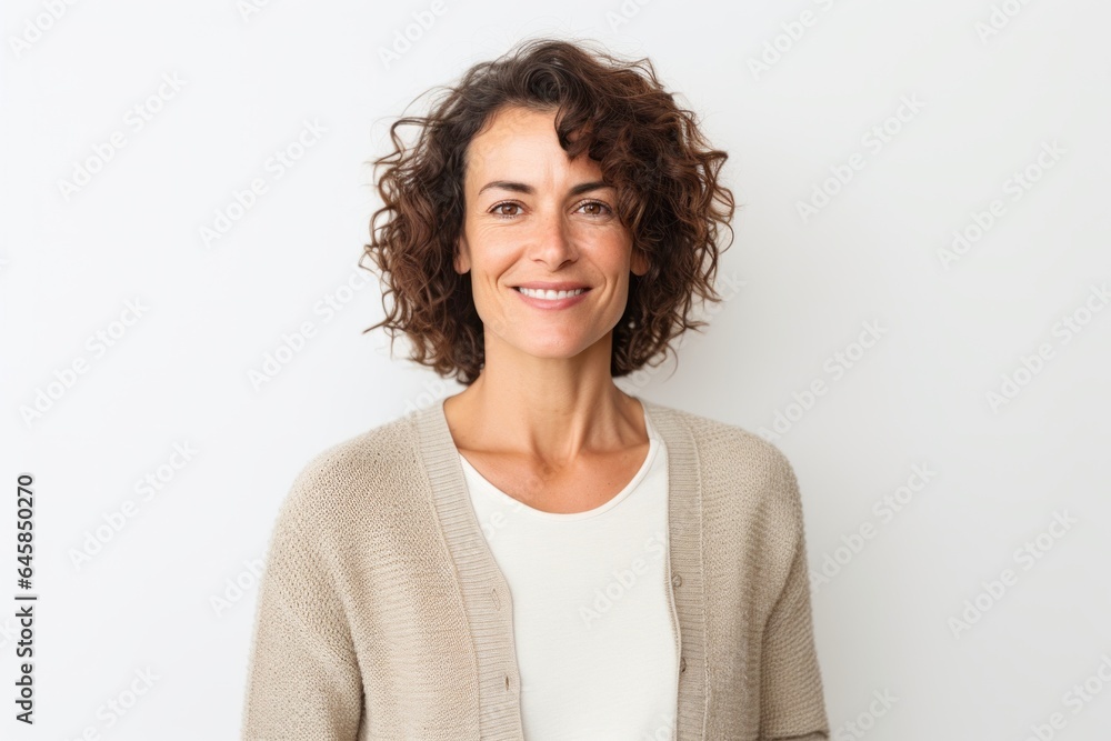 Portrait photography of a Italian woman in her 40s against a white background Portrait photography of a Italian woman in her 40s against a white background