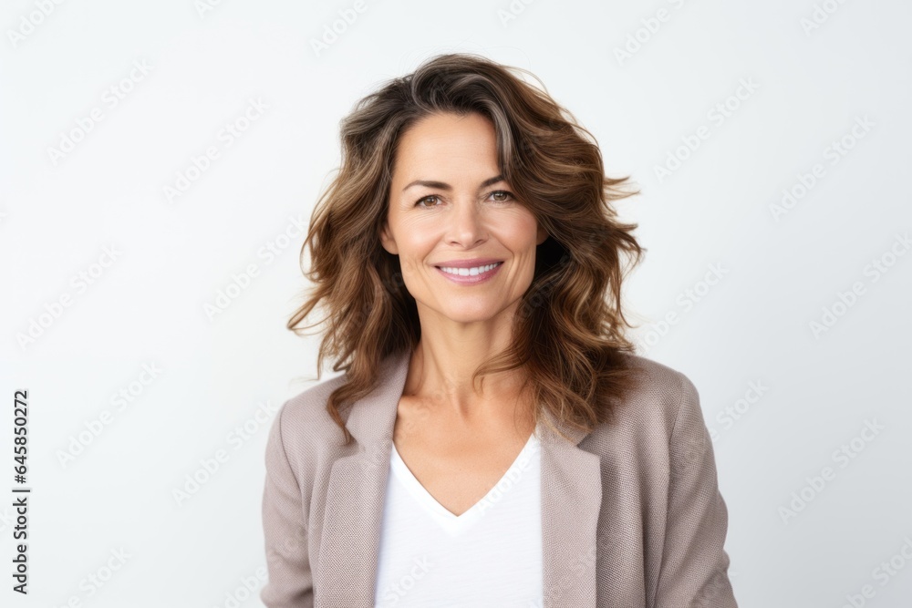 Medium shot portrait photography of a Italian woman in her 40s against a white background Medium shot portrait photography of a Italian woman in her 40s against a white background
