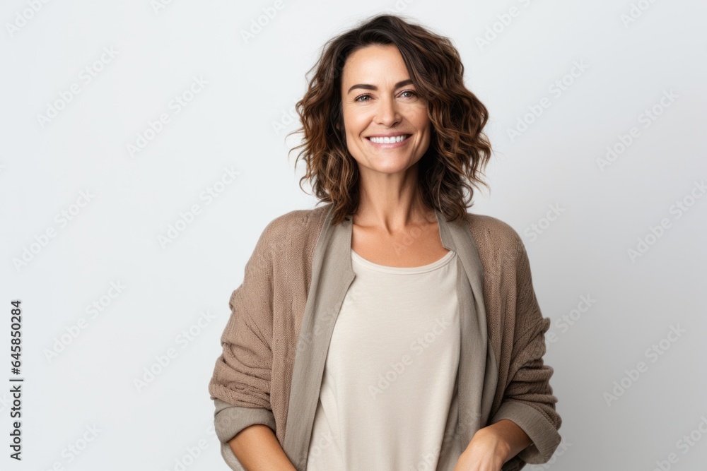 Portrait photography of a Italian woman in her 40s against a white background Portrait photography of a Italian woman in her 40s against a white background