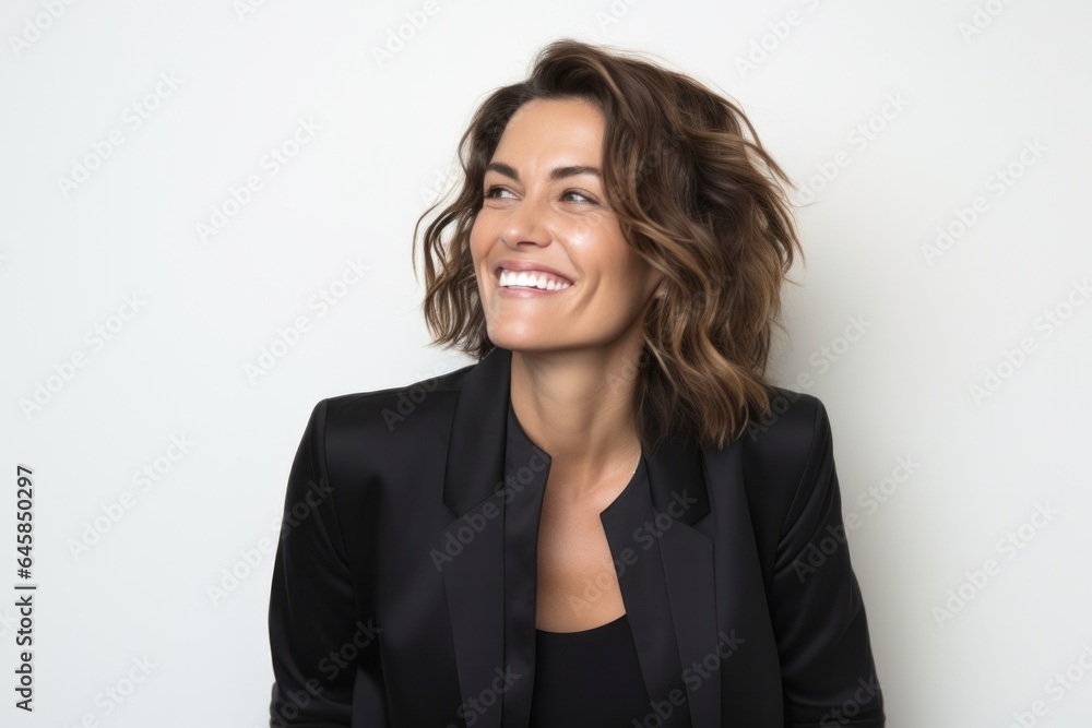 Lifestyle portrait photography of a Italian woman in her 40s wearing a sleek suit against a white background Lifestyle portrait photography of a Italian woman in her 40s wearing a sleek suit against a white background