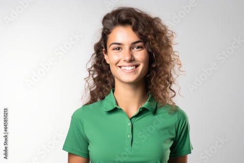 Group portrait photography of a Italian woman in her 20s wearing a sporty polo shirt against a white background © Anne Schaum
