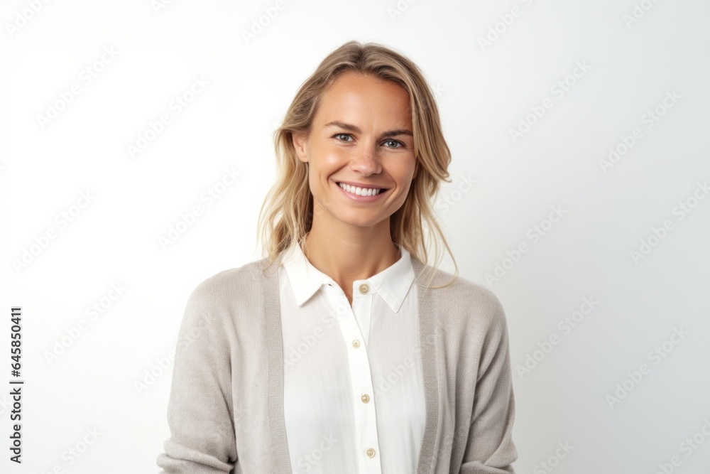 Medium shot portrait photography of a Swedish woman in her 30s against a white background Medium shot portrait photography of a Swedish woman in her 30s against a white background