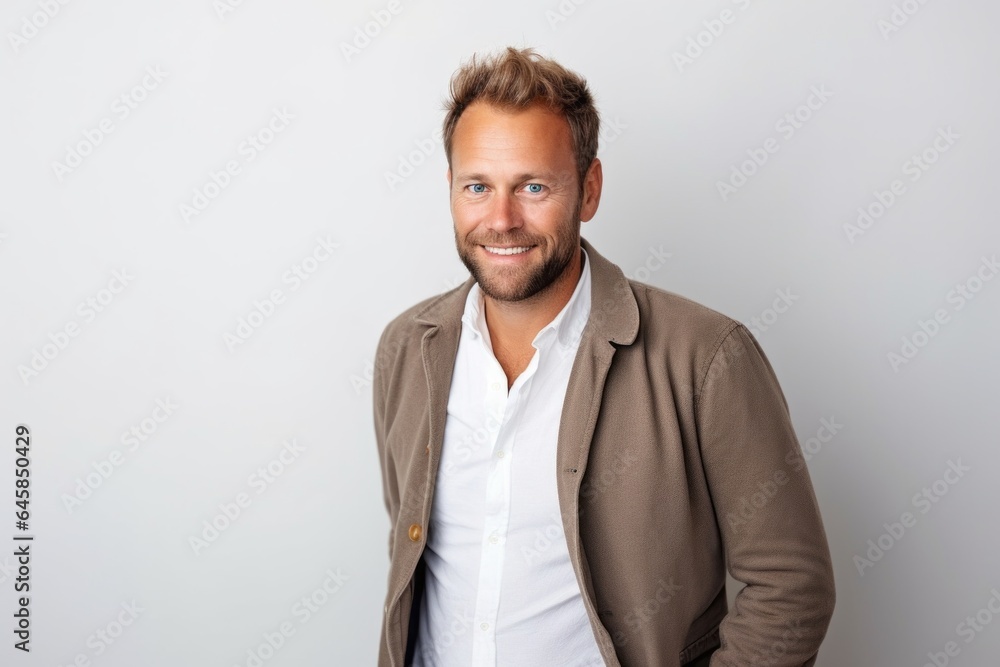 Medium shot portrait photography of a Swedish man in his 30s against a white background Medium shot portrait photography of a Swedish man in his 30s against a white background