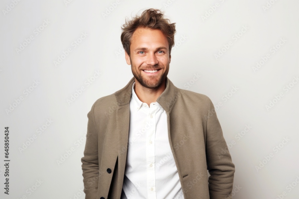 Medium shot portrait photography of a Swedish man in his 30s against a white background Medium shot portrait photography of a Swedish man in his 30s against a white background