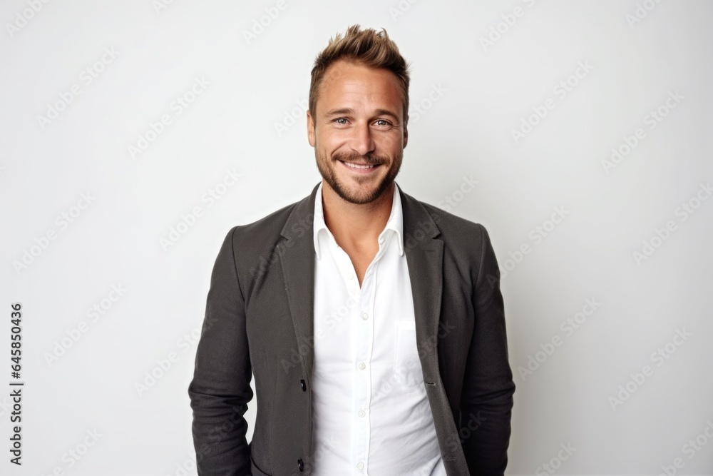 Medium shot portrait photography of a Swedish man in his 30s against a white background Medium shot portrait photography of a Swedish man in his 30s against a white background
