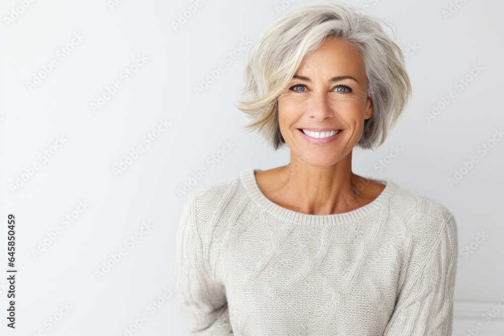 Lifestyle portrait photography of a Swedish woman in her 40s wearing a cozy sweater against a white background Lifestyle portrait photography of a Swedish woman in her 40s wearing a cozy sweater against a white background