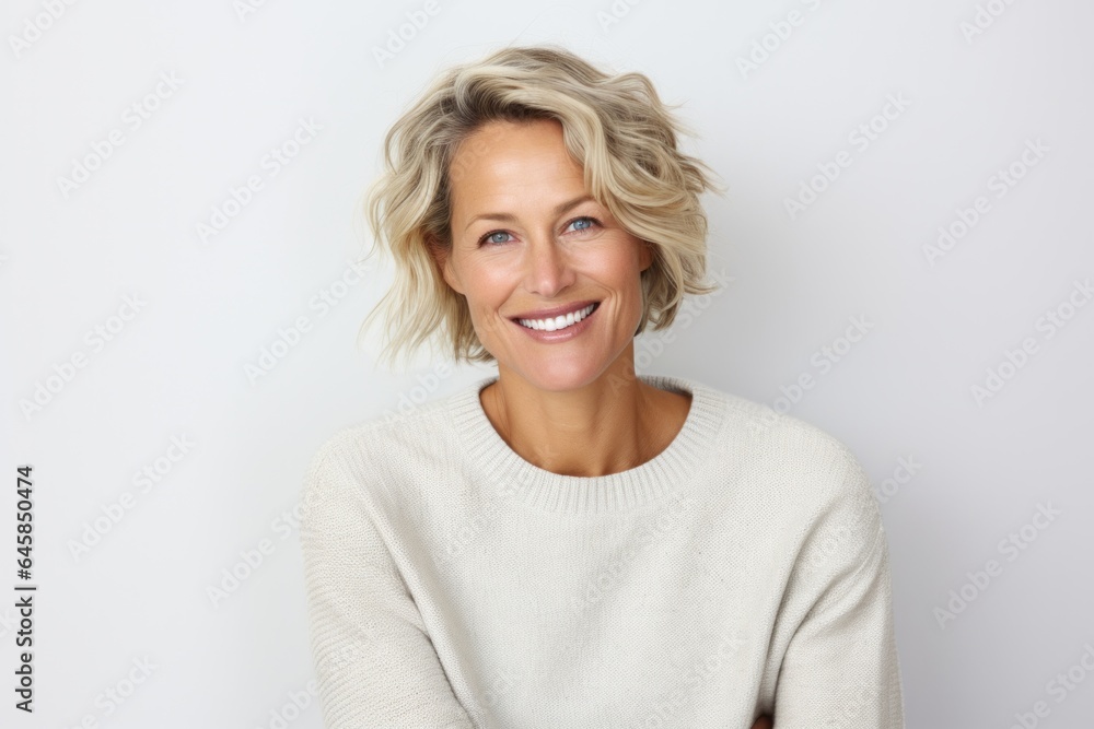 Portrait photography of a Swedish woman in her 40s wearing a cozy sweater against a white background Portrait photography of a Swedish woman in her 40s wearing a cozy sweater against a white background