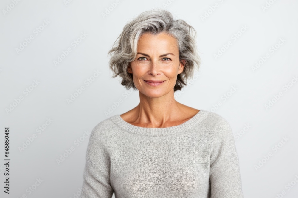 Portrait photography of a Swedish woman in her 40s against a white background Portrait photography of a Swedish woman in her 40s against a white background