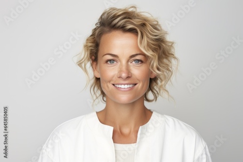 Portrait photography of a Swedish woman in her 30s wearing a cozy sweater against a white background