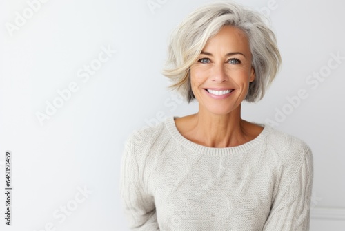 Lifestyle portrait photography of a Swedish woman in her 40s wearing a cozy sweater against a white background