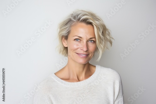 Portrait photography of a Swedish woman in her 40s against a white background