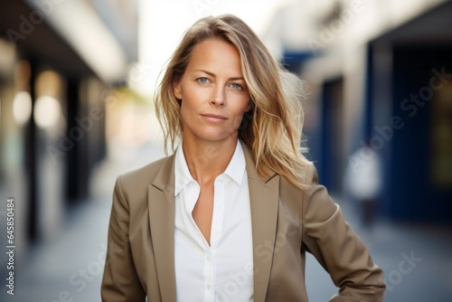 Portrait photography of a Swedish woman in her 40s wearing a classic blazer against a white background