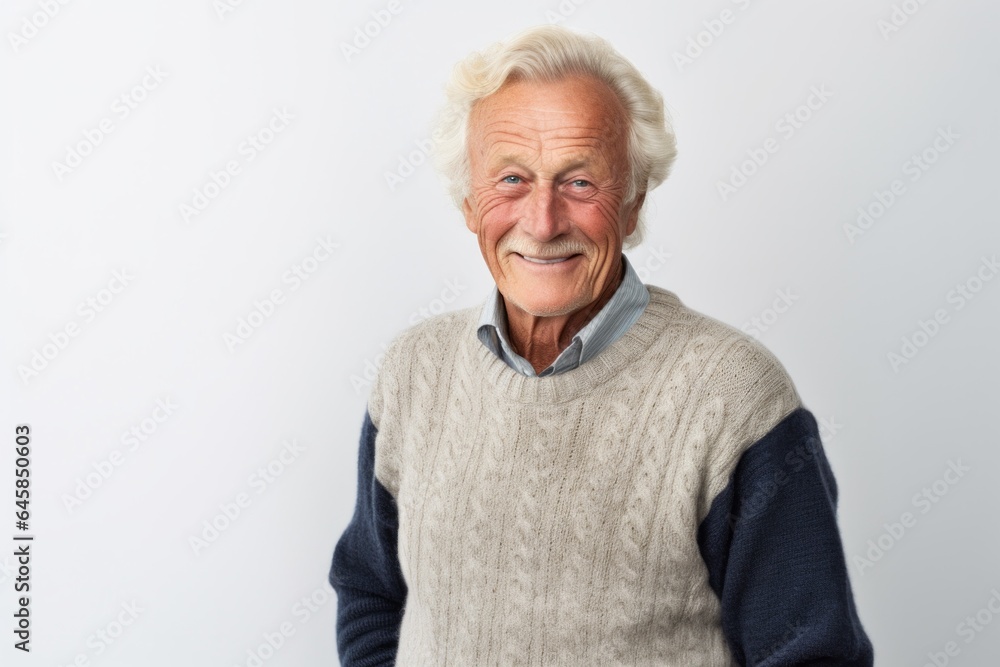 Lifestyle portrait photography of a Swedish man in his 70s against a white background Lifestyle portrait photography of a Swedish man in his 70s against a white background