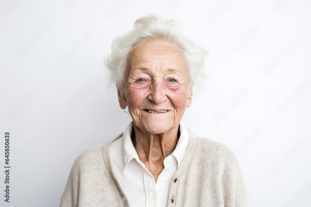 Portrait photography of a 100-year-old elderly Swedish woman against a white background Portrait photography of a 100-year-old elderly Swedish woman against a white background