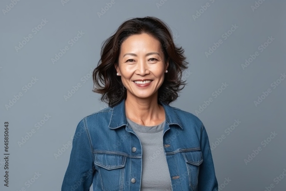 Medium shot portrait photography of a Vietnamese woman in her 40s wearing a denim jacket against a minimalist or empty room background Medium shot portrait photography of a Vietnamese woman in her 40s wearing a denim jacket against a minimalist or empty room background