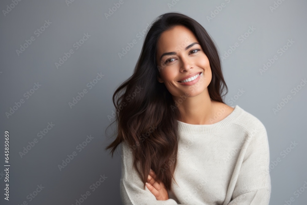 Portrait photography of a Peruvian woman in her 30s wearing a cozy sweater against a minimalist or empty room background