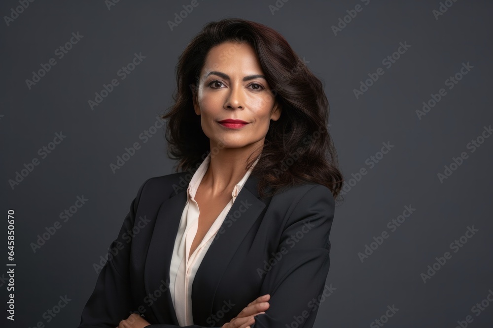 Medium shot portrait photography of a serious Peruvian woman in her 50s wearing a classic blazer against a minimalist or empty room background Medium shot portrait photography of a serious Peruvian woman in her 50s wearing a classic blazer against a minimalist or empty room background