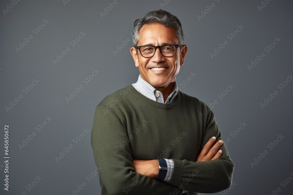 Medium shot portrait photography of a Peruvian man in his 50s against a minimalist or empty room background Medium shot portrait photography of a Peruvian man in his 50s against a minimalist or empty room background