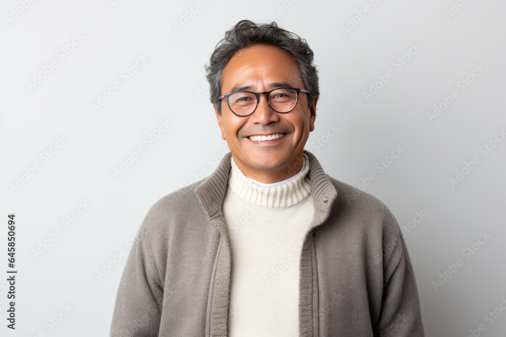 Obraz premium Lifestyle portrait photography of a Peruvian man in his 50s against a minimalist or empty room background