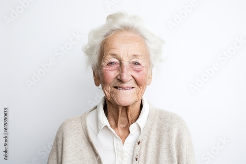 Portrait photography of a 100-year-old elderly Swedish woman against a white background