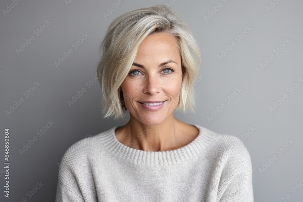 Medium shot portrait photography of a Swedish woman in her 40s wearing a cozy sweater against a minimalist or empty room background Medium shot portrait photography of a Swedish woman in her 40s wearing a cozy sweater against a minimalist or empty room background