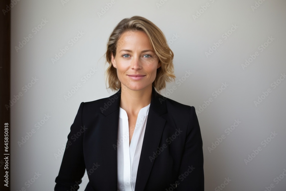 Portrait photography of a Swedish woman in her 40s wearing a sleek suit against a minimalist or empty room background Portrait photography of a Swedish woman in her 40s wearing a sleek suit against a minimalist or empty room background