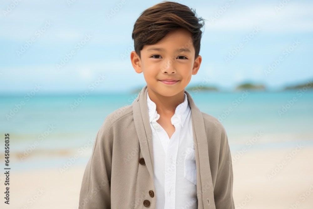 Portrait photography of a Vietnamese child male against a beach background Portrait photography of a Vietnamese child male against a beach background