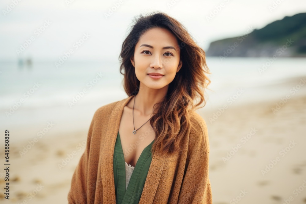 Medium shot portrait photography of a Vietnamese woman in her 30s against a beach background Medium shot portrait photography of a Vietnamese woman in her 30s against a beach background