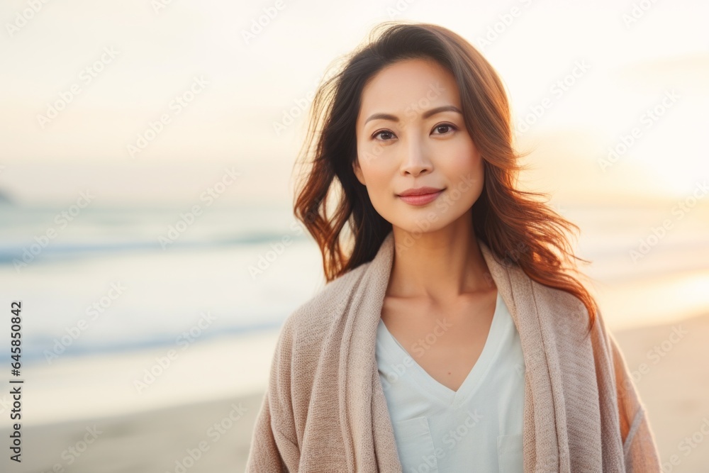 Medium shot portrait photography of a Vietnamese woman in her 30s against a beach background