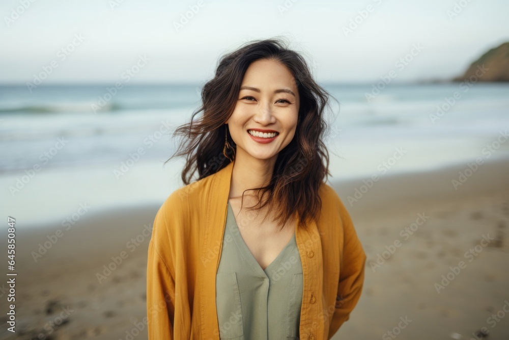 Medium shot portrait photography of a cheerful Vietnamese woman in her 30s against a beach background Medium shot portrait photography of a cheerful Vietnamese woman in her 30s against a beach background