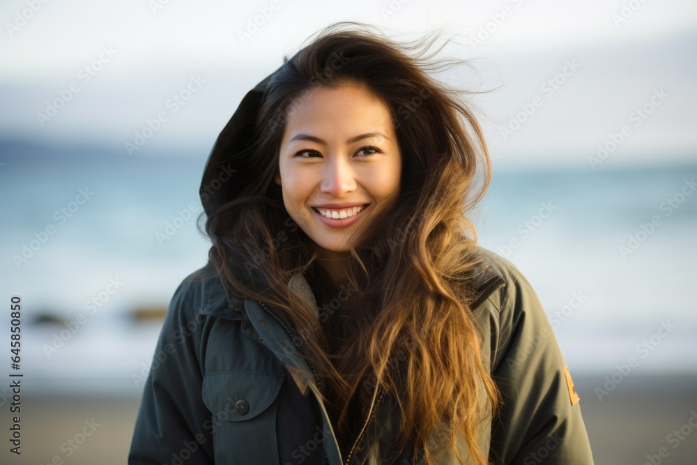 Portrait photography of a Vietnamese woman in her 30s wearing a warm parka against a beach background