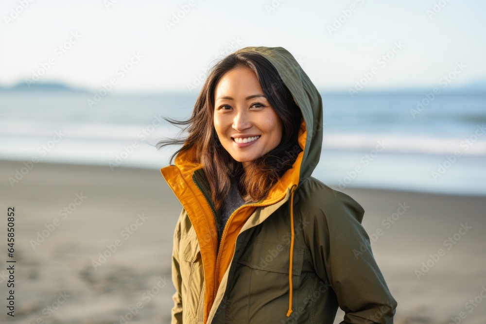 Portrait photography of a Vietnamese woman in her 30s wearing a warm parka against a beach background Portrait photography of a Vietnamese woman in her 30s wearing a warm parka against a beach background