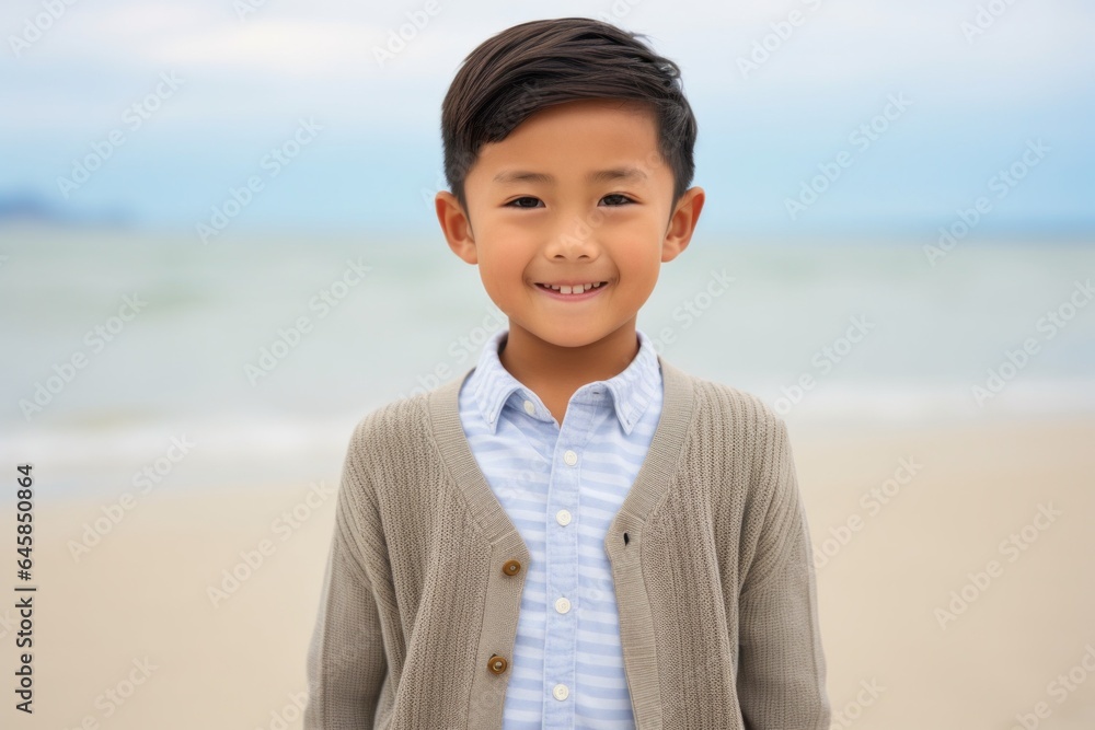 Portrait photography of a Vietnamese child male against a beach background Portrait photography of a Vietnamese child male against a beach background