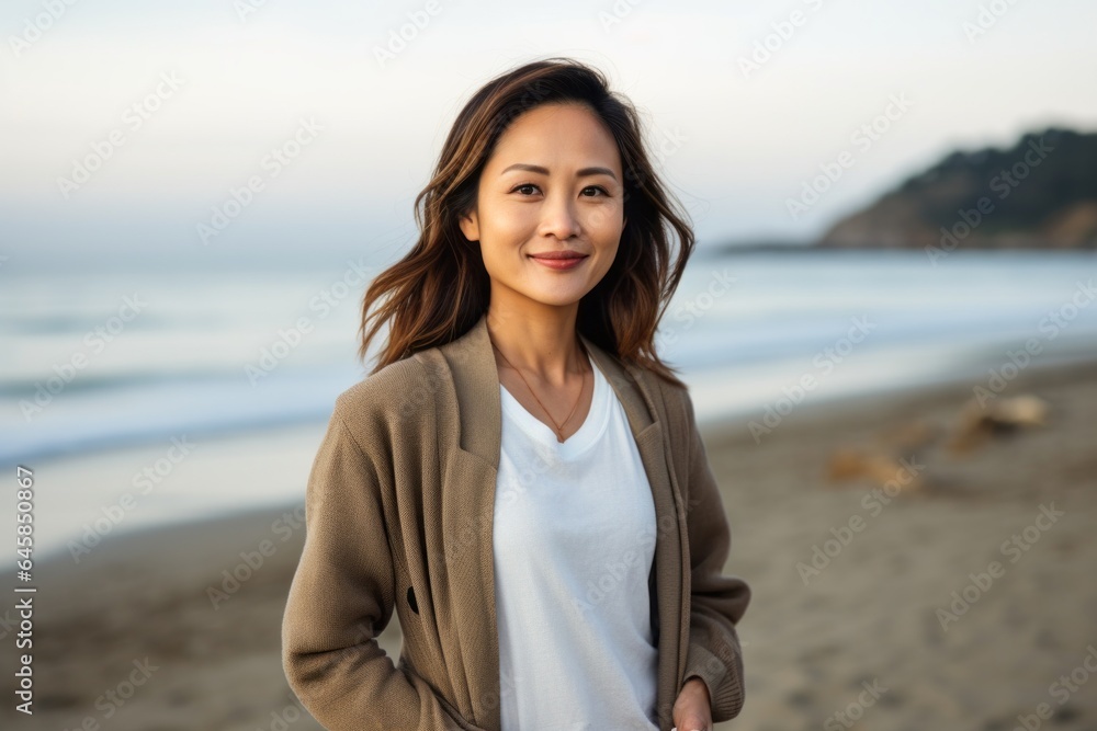 Medium shot portrait photography of a Vietnamese woman in her 30s against a beach background Medium shot portrait photography of a Vietnamese woman in her 30s against a beach background