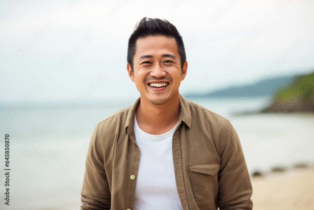 Medium shot portrait photography of a Vietnamese man in his 30s against a beach background Medium shot portrait photography of a Vietnamese man in his 30s against a beach background