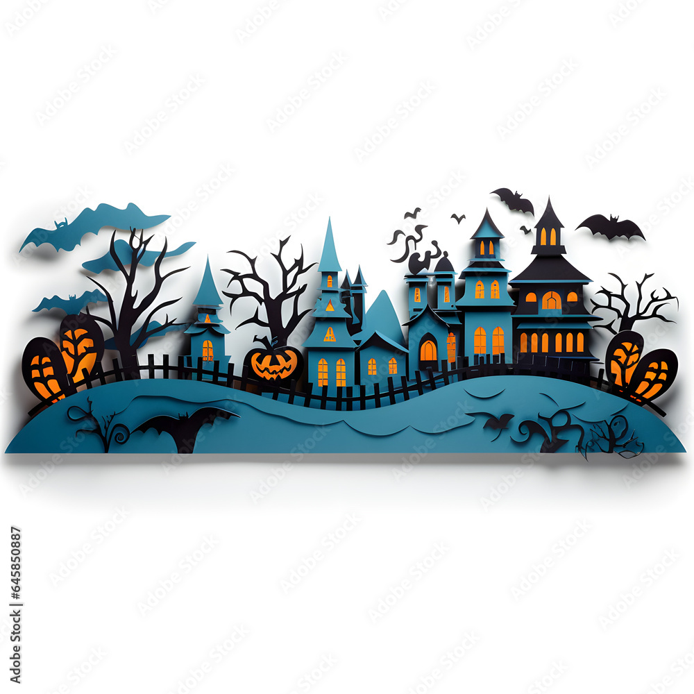 Halloween night on cut out paper, pumpkins, bats and a spooky castle, orange, black and violet.