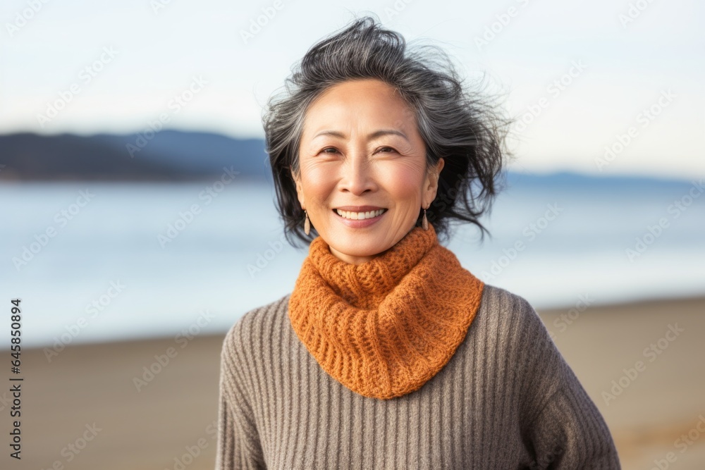 Portrait photography of a Vietnamese woman in her 50s wearing a cozy sweater against a beach background Portrait photography of a Vietnamese woman in her 50s wearing a cozy sweater against a beach background